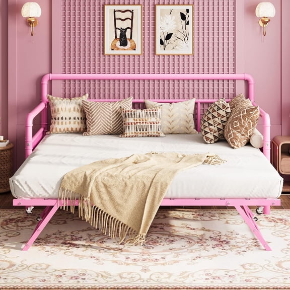 Daybed and Pop Up Trundle Bed, Full Day Bed with Classic Headboard | Sofa Bed Platform,Wooden Headboard,Locking Wheels,Heavy Duty Metal Slats,For Living Room Guest Room,Space Saving,Pink