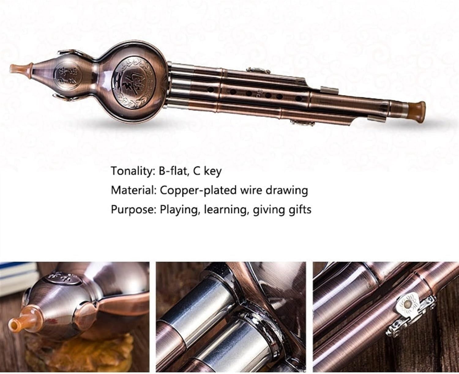 Metal Wire Drawing Chinese Hulusi Gourd Cucurbit Flute Ethnic Wind Musical Instrument Aluminum Material Copper Plated For Beginners ,Key Of C