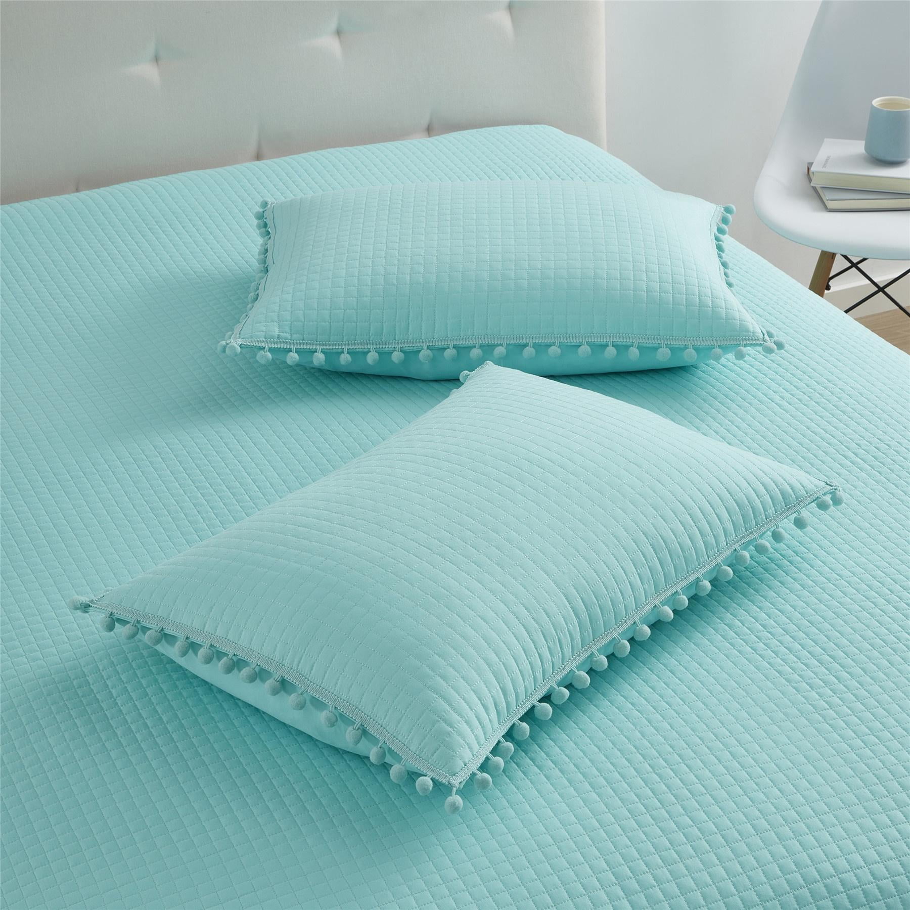 DBOZE Boho Pom Pom Ball Fringe Full Quilt Sets, 3 Pieces Blue Lightweight Down Alternative Bedding Quilt Sets for all seasons