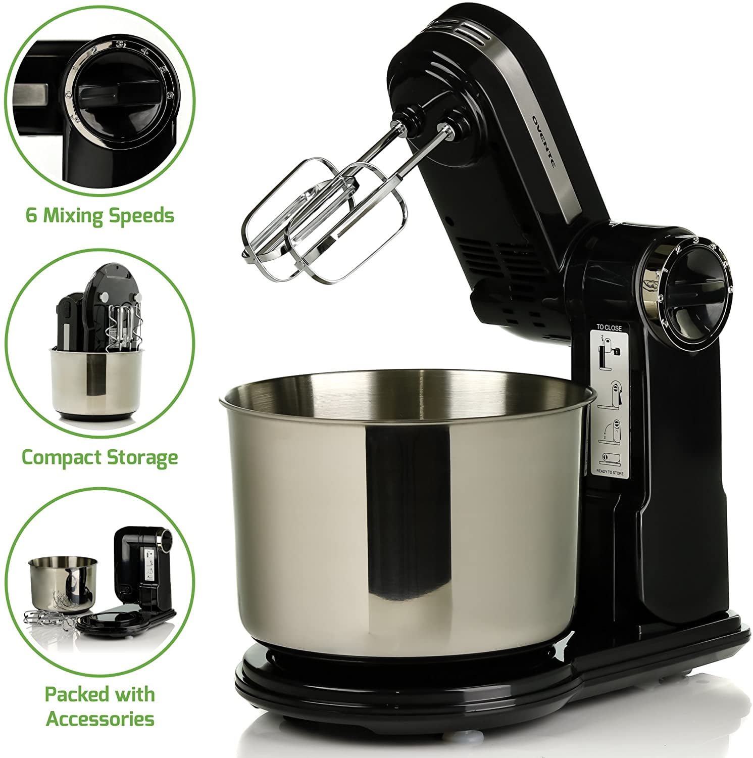Ovente Electric Stand Mixer 3.7 Quart with 6 Speed Control, Stainless