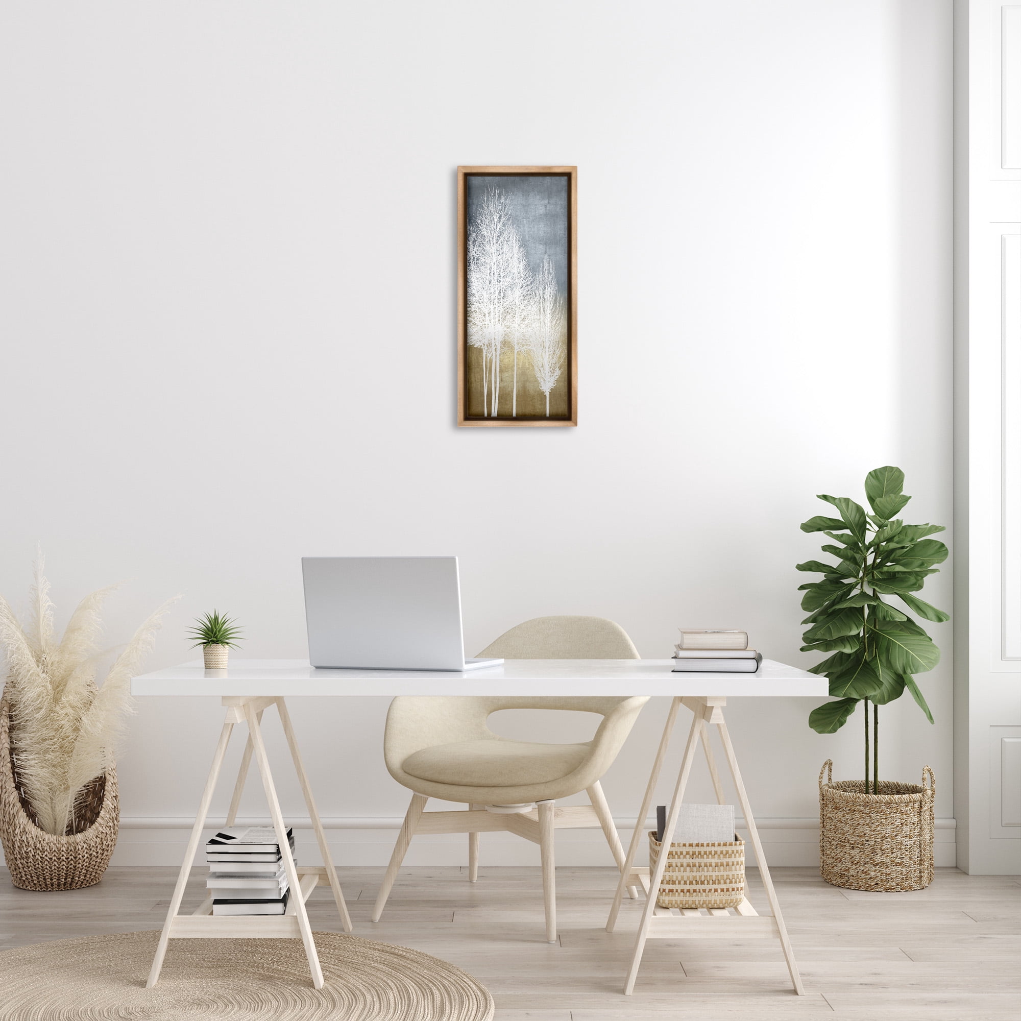 Stupell Industries Tall Bare White Trees Nature Landscape Painting Brown Floater Framed Canvas Art Print Wall Art, 11 x 25