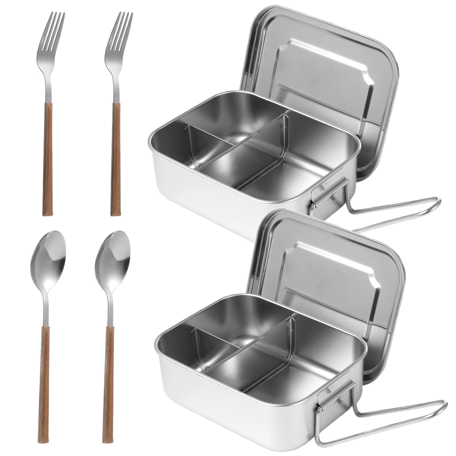 2PCS 304 Stainless Steel Bento Box, 40oz 3-Compartment Metal Lunch Container with Fork and Spoon, Leak Proof Metal Lunch Container for Youngsters and Adults