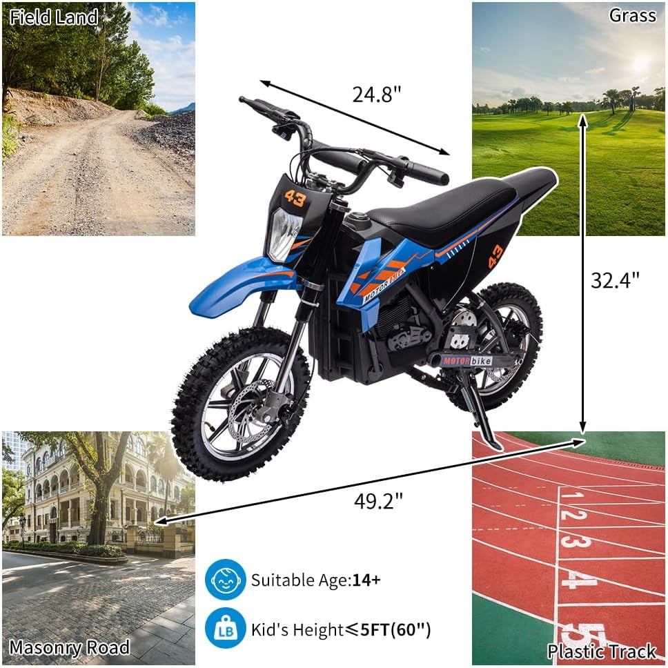 Luku Motorcycle, 36V Ride on Dirt Bike Motorcycle for Teens, Outdoor 500W Motor Off Road Motorcycle, Dirt Bike with Leather Seats, Blue