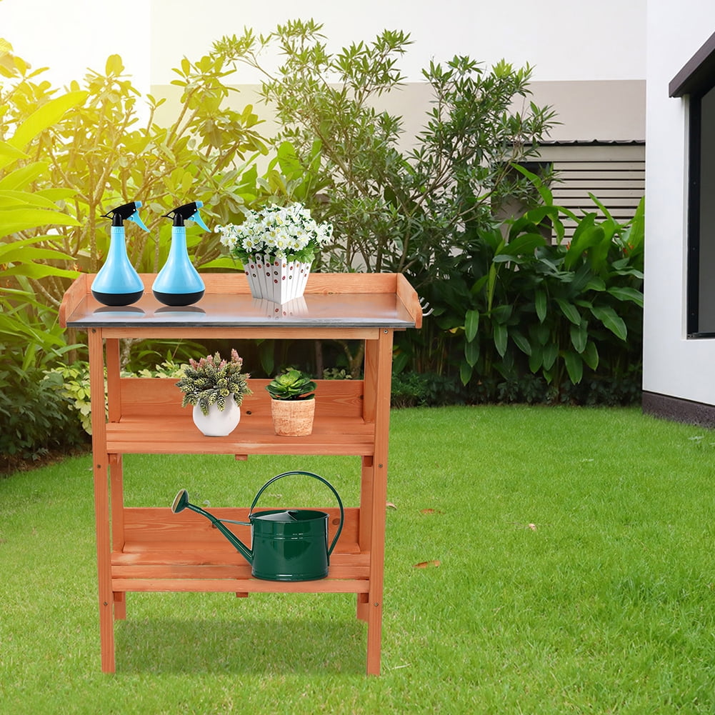 Kepooman Wooden Potted Workbench for Gardening, Three-layer Garden Potted Bench with Metal Tabletop, Natural Kepooman Wooden Potted Workbench for Gardening, Three-layer Garden Potted Bench with Metal Tabletop, Natural
