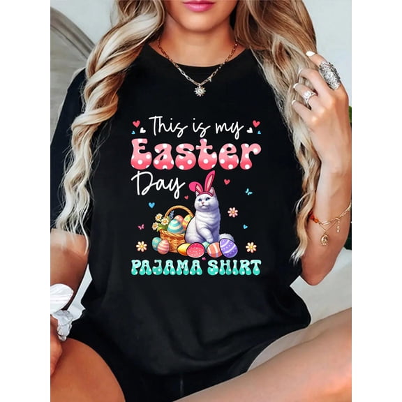 100% Cotton My Easter Day Pajama Shirt Floral Bunny Cat Hunting Eggs T-Shirt Print Round Neck Cotton T-Shirt, Summer Women's Tops, gift