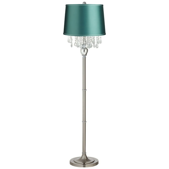 360 Lighting Crystals Traditional 60 1/2" Tall Standing Floor Lamp Foot Switch Silver Satin Steel Finish Drum Teal Blue Shade