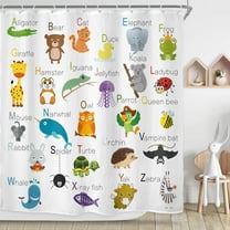 ABC Learning Alphabet Shower Curtain Animal Baby Kids Boy Child Children Educational Bathroom Decor Fabric Panel Nursery Funny Teaching Words 72x72 Inch 12 Pack Plastic Shower Hooks WW-MEVG
