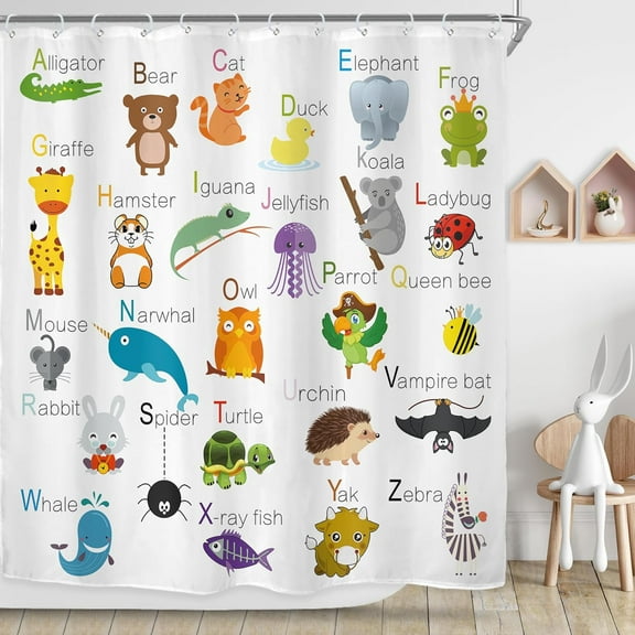 ABC Learning Alphabet Shower Curtain Animal Baby Kids Boy Child Children Educational Bathroom Decor Fabric Panel Nursery Funny Teaching Words 72x72 Inch 12 Pack Plastic Shower Hooks WW-MEVG