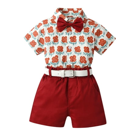 

TAIAOJING Baby Boys Summer Clothes Sets Outfits Toddler Boys Short Sleeve Shirt Tops Shorts With Tie Belt Child Kids Gentleman Outfits 2-3 Years