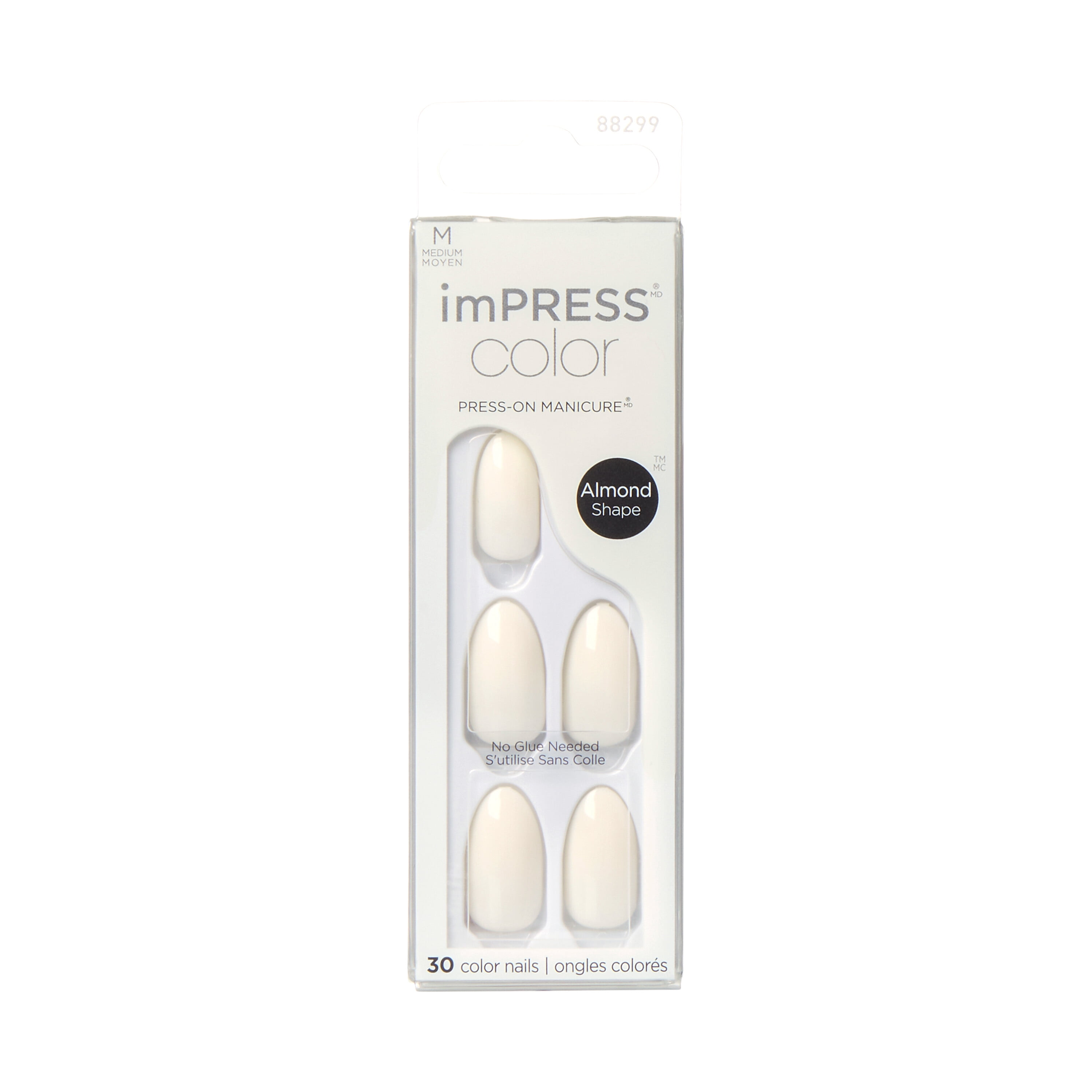 KISS imPRESS Color LongLasting Medium Almond PressOn Nails, White Glossy, 30 Pieces