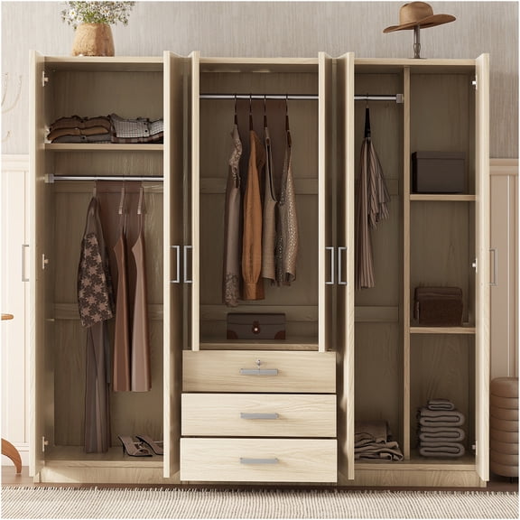JERFIT 6-Door Freestanding Wardrobe with Large Drawers, Plywood Storage Cabinet for Bedroom Organization, Brown