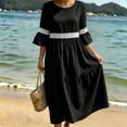 thumbnail image 4 of Bxsruta Womens Midi Dress Casual Bell Sleeve Round Neck Flowy Sundress, 4 of 8