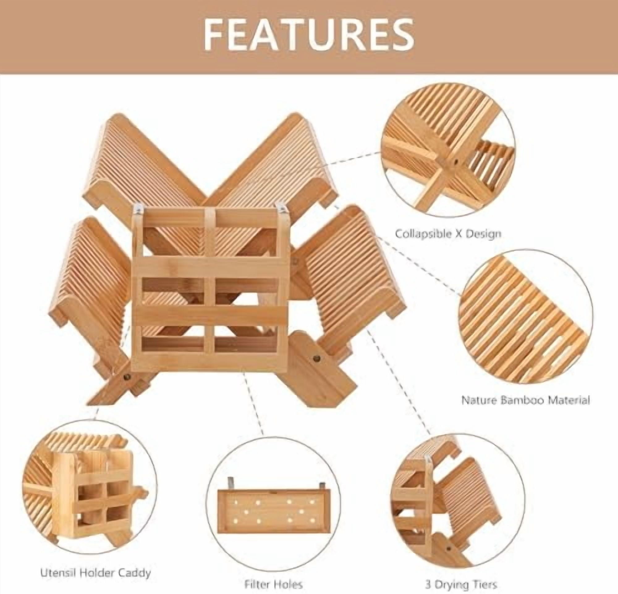 Bamboo Dish Drying Rack with Utensils Flatware Holder Set, 3-Tier Large Folding Drying Holder for Kitchen Counter, Collapsible Drainer