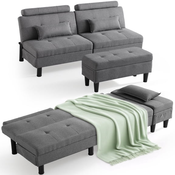 IPKIG 3-Position Convertible Futon Sofa Bed with Storage Ottoman, Tufted Multifunctional Sleeper Couch for Small Spaces, Apartment, Dorm, Linen Gray