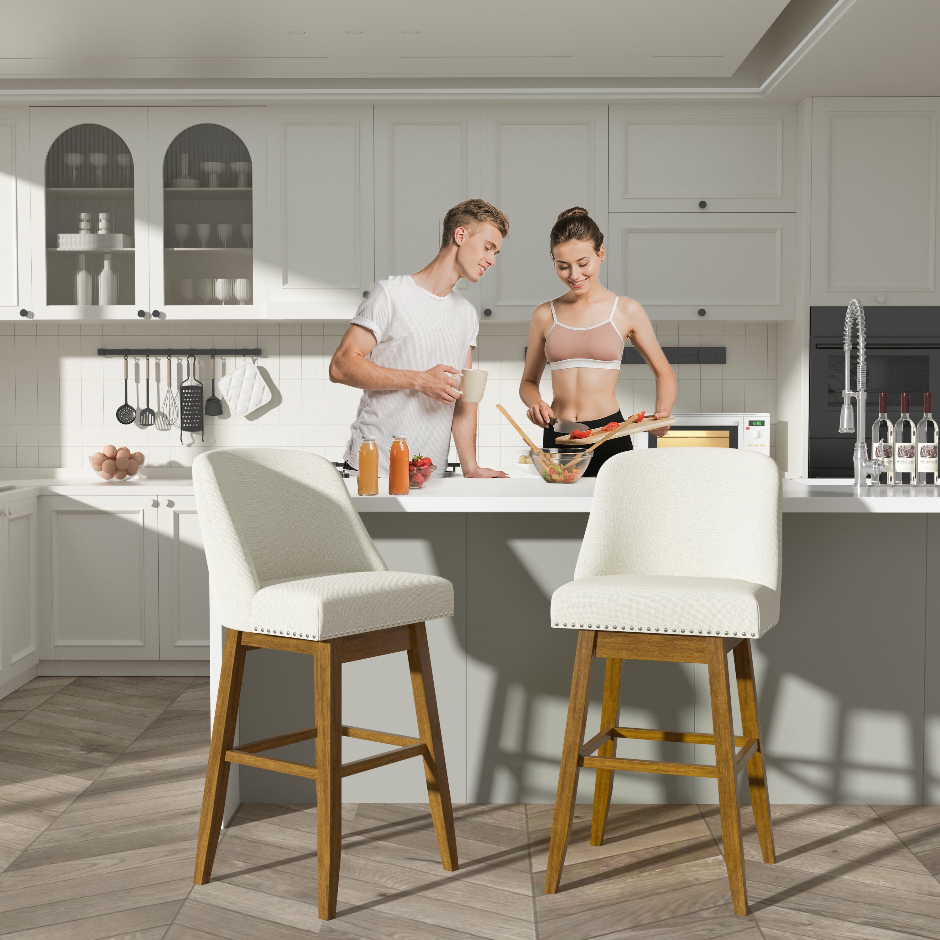 Tolead 30" Upholstered Swivel Counter Bar Stools with Back and Wood Legs - Set of 2, Beige