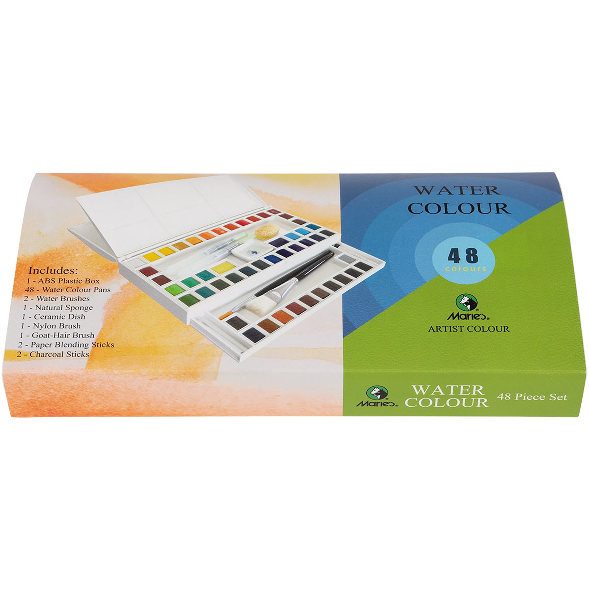 Marie's Artist Watercolor Paint Set - Professional Plein Aire Kit High Pigment & Brushes for Artsits, Painters, Students, & More! - 48 Half Pans Assorted Colors