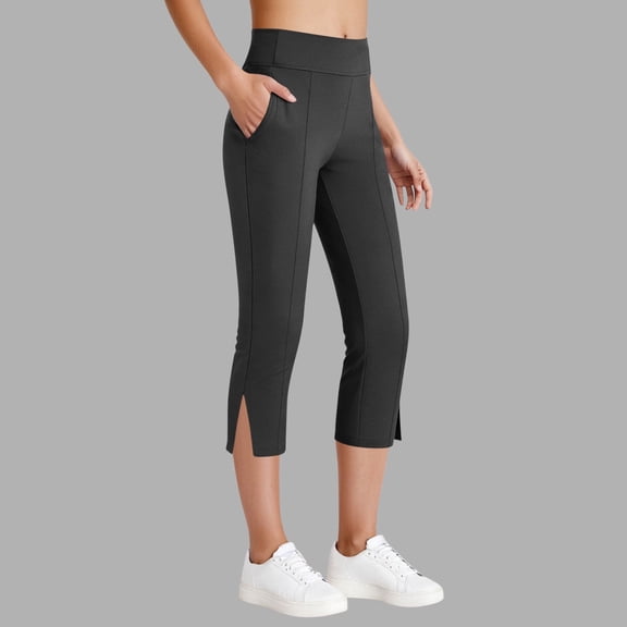 JUSLIO Womens Solid with Pockets Workout Yoga Split Hem Capri Leggings