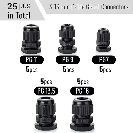 25Pcs Nylon Ip68 Cable Gland 3-14Mm Dia. W/ Lock-Nut & Gasket Pg7/9/11/13.5/16