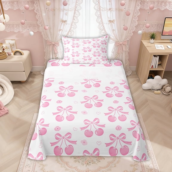 Manfei Pink Bowknot Cherry Twin Sheet Sets for Girls, Cute Flower Floral Bedding, 3-Piece