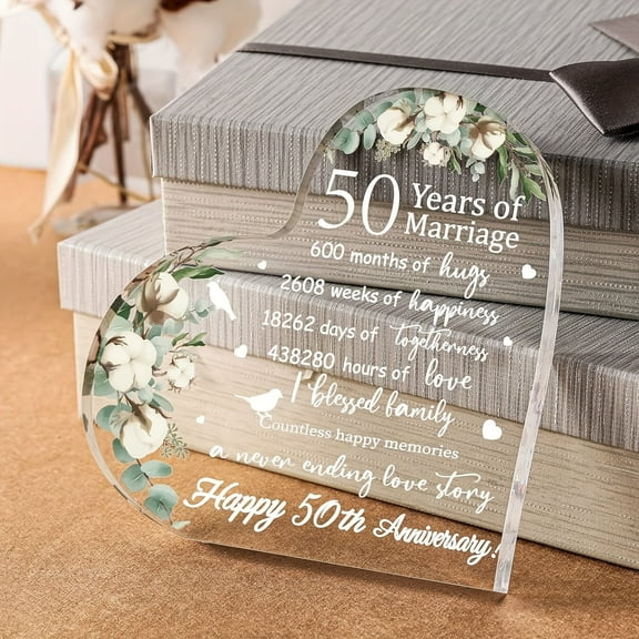 Acrylic Art Deco Heart-Shaped Tabletop Decor For 50Th Wedding Anniversary Engraved With Love & Happiness Milestones For Husband Wife