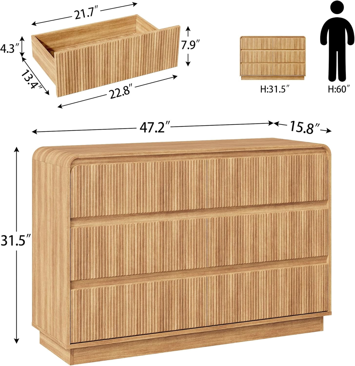 Akaber 6 Drawer Dresser for Bedroom, Fluted Tall Dresser 48" Wide Handleless Chest of Drawers with Rounded Corners, Modern Wood Dresser, Organizer Storage, Natural Oak