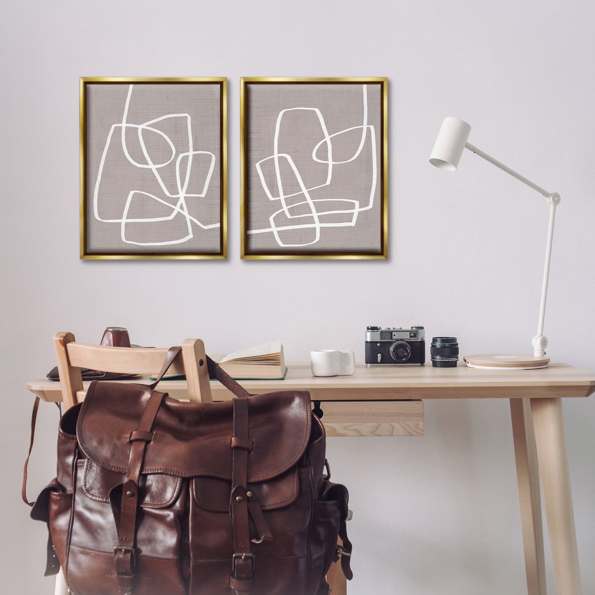 Stupell Industries Minimal Abstract Busy Line Abstract Painting Gold Floater Framed Canvas Art Print Wall Art, 17 x 21, Set of 2