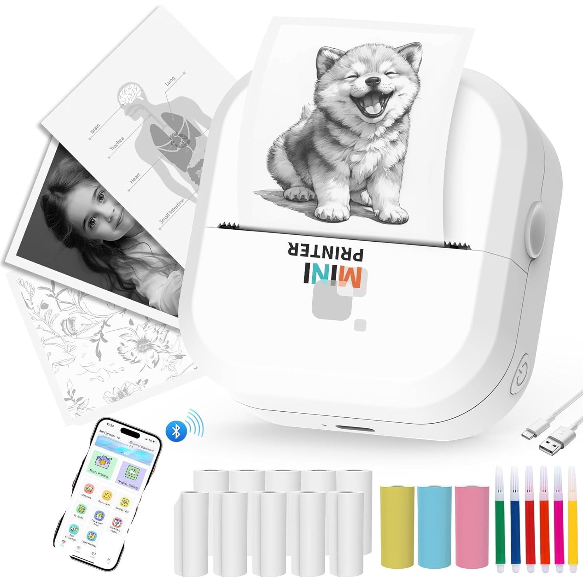 Banral Portable Inkless Bluetooth Pocket Printer, Mini Sticker Maker with 13 Paper Rolls for DIY Labels, Journaling, iPhone Android Phone Tablet Compatible
