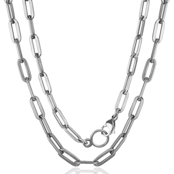 SanThree 5mm Pure Titanium Paperclip Link Chain Necklace, Skin Friendly Solid Titanium Flat Long O Chain Necklaces for Men Women Birthday Anniversary Valentines Daily Wear, 25.6 Inch
