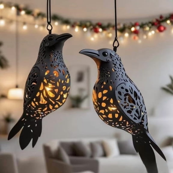 Halloween Crow Decorative Pendant Lamp, Hollowed Printed Light Up Crow Ornament, Spooky Indoor Outdoor Yard Lawn Garden Holiday Decor, 3.1*9.4", 1PC