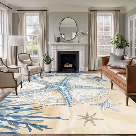 Rectangle Rug 6x9ft Area Rug Blue Starfish Ocean Shell Coral Area Rugs for Living Room Bedroom Watercolor Marine Life Floor Mat Non-Slip Non-Shedding Carpet Indoor Accent Rugs