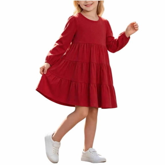 StSilkitty Puff Long Sleeve Dress for Girls Crewneck A-Line Cotton Layered Dresses Fall Winter Outdoor Casual Fashion Dress Size 2-8