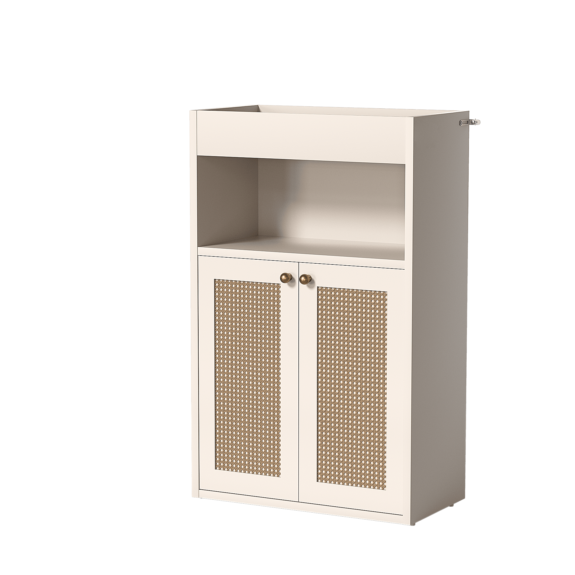 Mintazer Bathroom Floor Storage Cabinet, Freestanding Stroage Shelf Organizer with 2 Rattan Doors, Adjustable Shelf & Open Storage, White