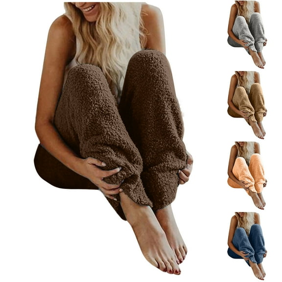 YOIAVAIOY Womens Fuzzy Fleece Sweatpants Winter Warm Jogger Pants Solid Casual Pajama Pants Plush Lounge Bottoms Blue M