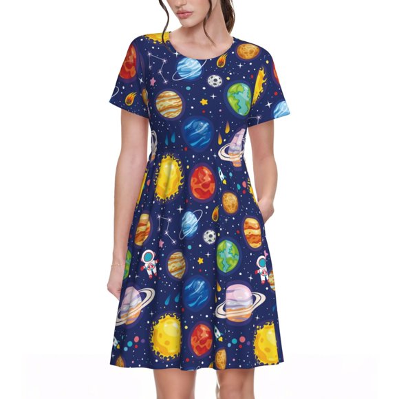 Vsdgher Planète Spatiale pour Femmes Été 2025 Décontracté Robes Midi Maxi Légères Manches Courtes Col Rond Robe de Plage