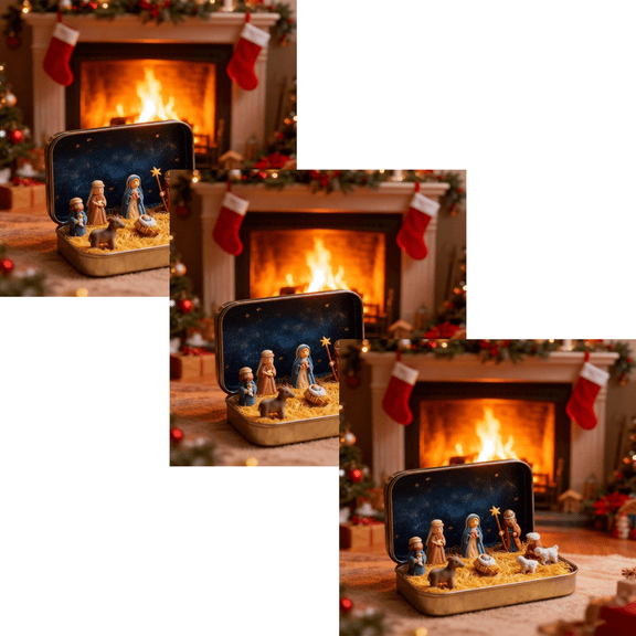 HCBY 3Pcs Mini Christmas Nativity Set in a Tin Box, Portable Pocket Birth of Jesus Ornament, Holy Family Sheep and Jesus Figurines, Christmas Interior Decoration