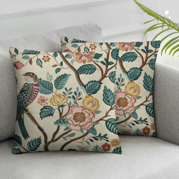 JRXY Vintage Bird Floral Pillow Covers Set of 2 Pink Green Yellow Flower Leaves Decorative Throw Pillows For Couch Chinoiserie Pillow Cases Farmhouse Home Decor For Sofa Bed Porch Outdoor White
