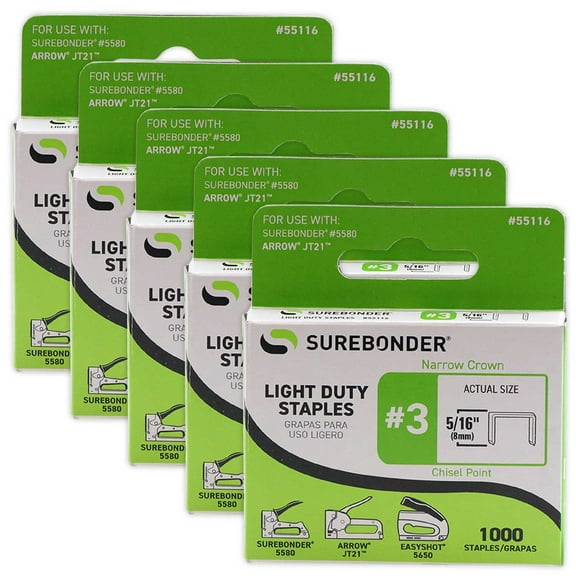Surebonder 55116-5A #3 Light Duty Narrow Crown Staples - 5/16" Length - 1000/box, 5 Pack