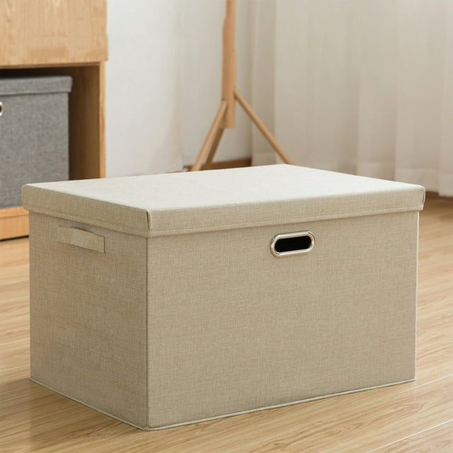 COM1950s Large Foldable Storage Box with Lid,Collapsible Cotton and Linen Blend Organizer for Home,Wardrobe,Closet and Bedroom Storage,Durable and Space Saving Design with Stainless Steel Handles