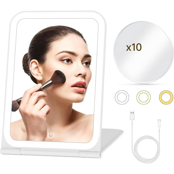 Rechargeable Travel Makeup Mirror with 10X Magnifying Mirror,Lighted Makeup Mirror with 72 LEDs,3 Color Lighting,Dimmable Touch Screen,Portable Vanity Mirror with Lights,Women Gift