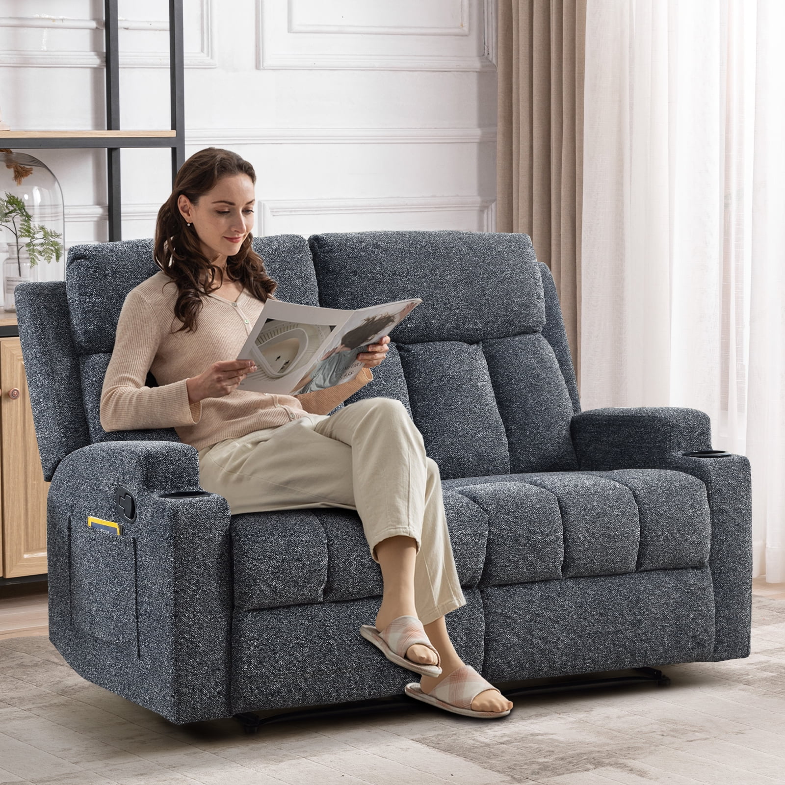 Ebello Manual Recliner Loveseat, Extra Wide Soft Fabric Overstuffed 2-Seat Reclining Sofa with Cup Holders for Living Room & Home Theater, Navy