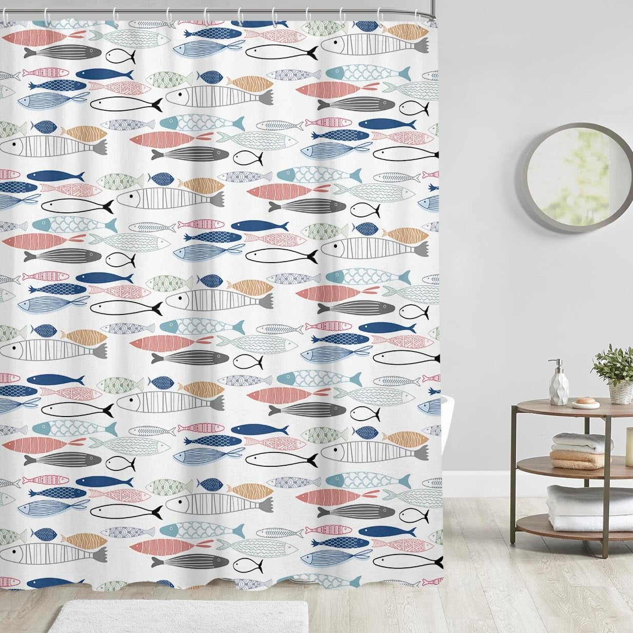 Fish Shower Curtain Nautical Beach Boys Kids Teen Navy White Coastal Ocean Sea Lake Blue Red Green Gray Yellow Extra Long XL Large Home Bathroom Decor Bathtub Set with 12 Hooks, 72x84, Colorful