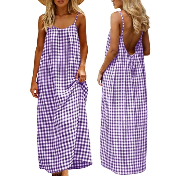 Fmbrln Linen Dresses for Women Summer Sleeveless Crew Neck Plaid Long Maxi Dress Casual Loose Beach Vacation Camisole Backless Sundress