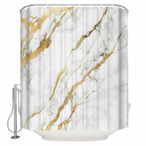Extra Long Shower Curtain 72x84 Inch, White Gold Shower Curtain Waterproof Bathroom Decor Modern Abstract Marble Geometric Fabric Bath Curtain Set Accessories with Hooks