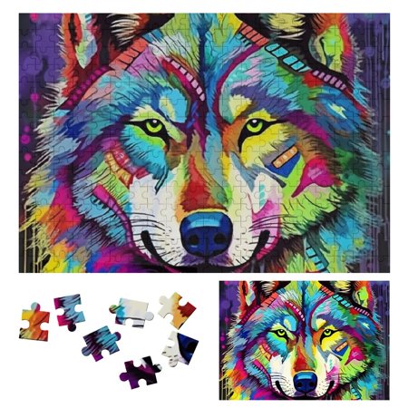 Sheronv Wolf Colorful Pattern Wooden Jigsaw Puzzle Leisure Game Toy Gift for Family Friends Adults Kids 300 PCS