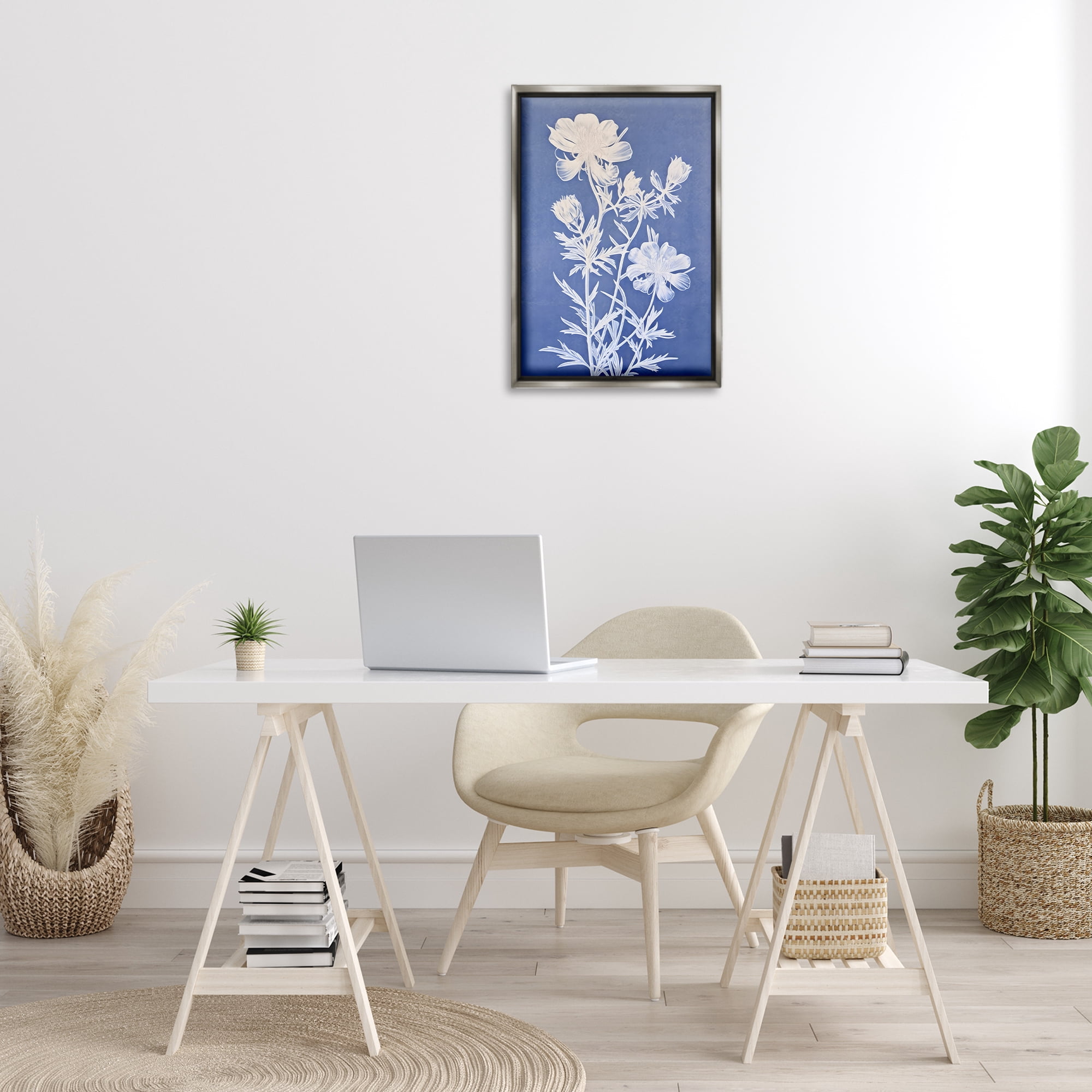 Stupell Industries Cerulean Botanical Pattern Botanical & Floral Painting Gray Floater Framed Art Print Wall Art, 17 x 25