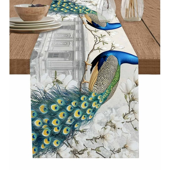 Luxury Peacock Table Runner 72 Inches, Watercolor Vintage Floral Attic Bed Runner Dresser Scarves Tabletop for Indoor Outdoor Parties/Ceremony/Banquet, 14" x 72"
