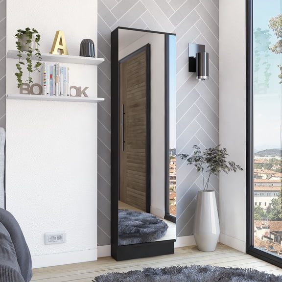 Bedroom Storage Leto Xl Shoe Rack, Mirror, Five Interior Shelves, Single Door Cabinet -Black,Bedroom Dressers