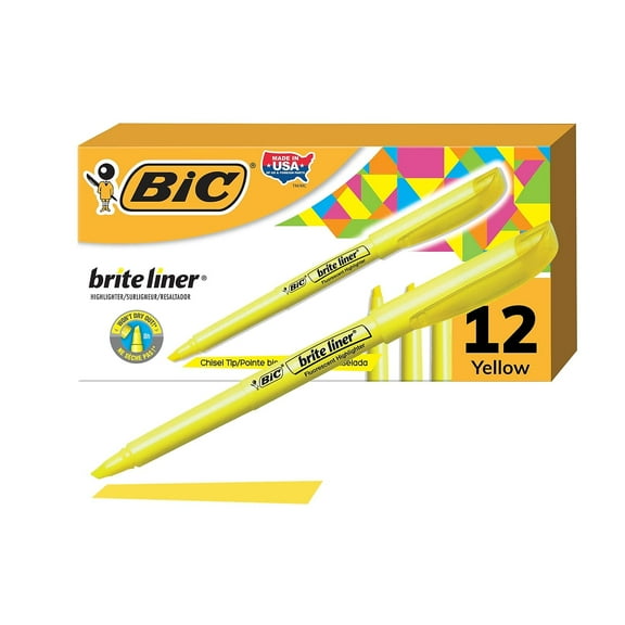 BIC Brite Liner Highlighters, Chisel Tip, Yellow Highlighters, 12-Count, For Broad Highlighting or Fine Underlining