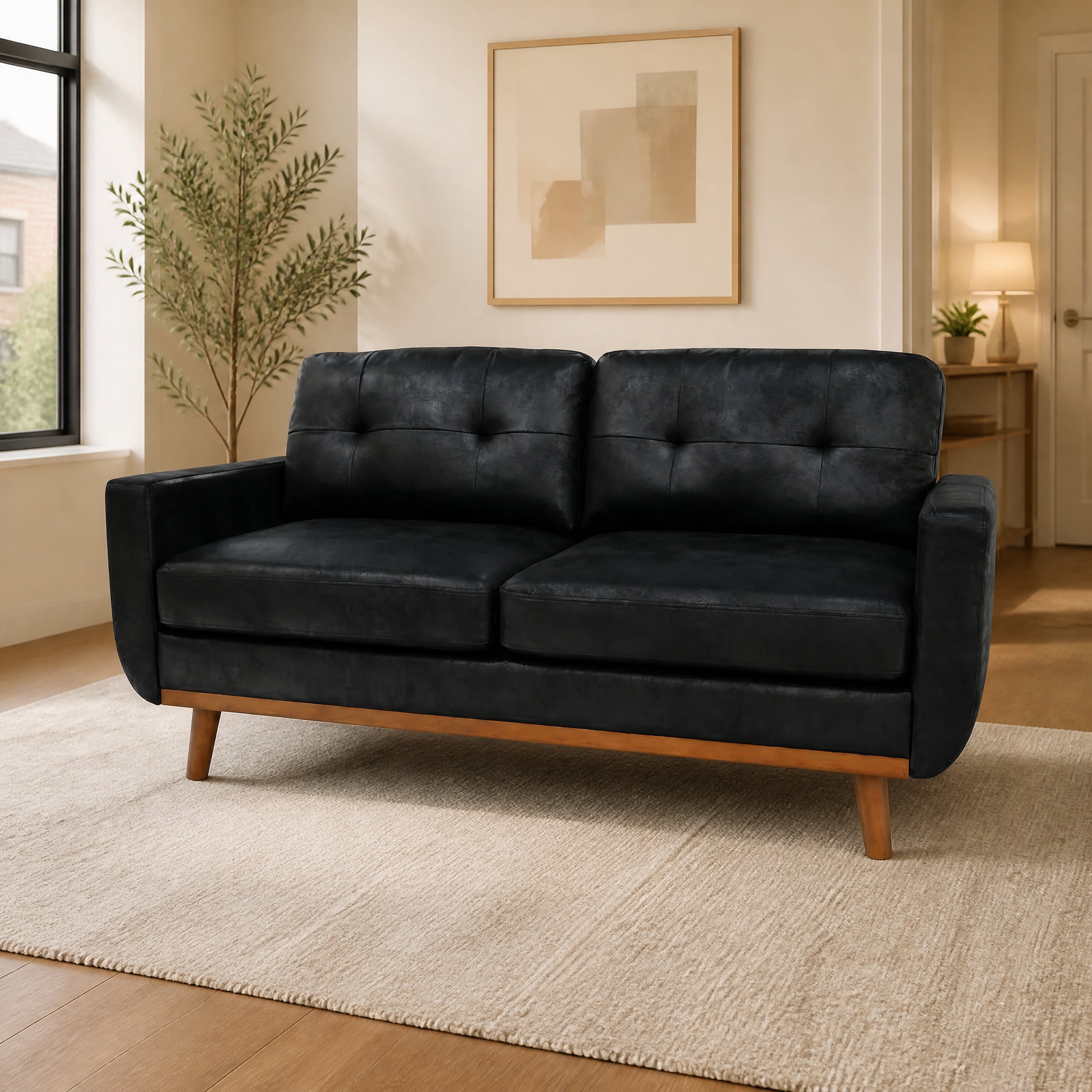 Leumius 65" Modern 2-Seater Sofa Upholstered Loveseat Sofa Couch with olid Wood Legs for Living Room,Apartment,Bedroom,Black