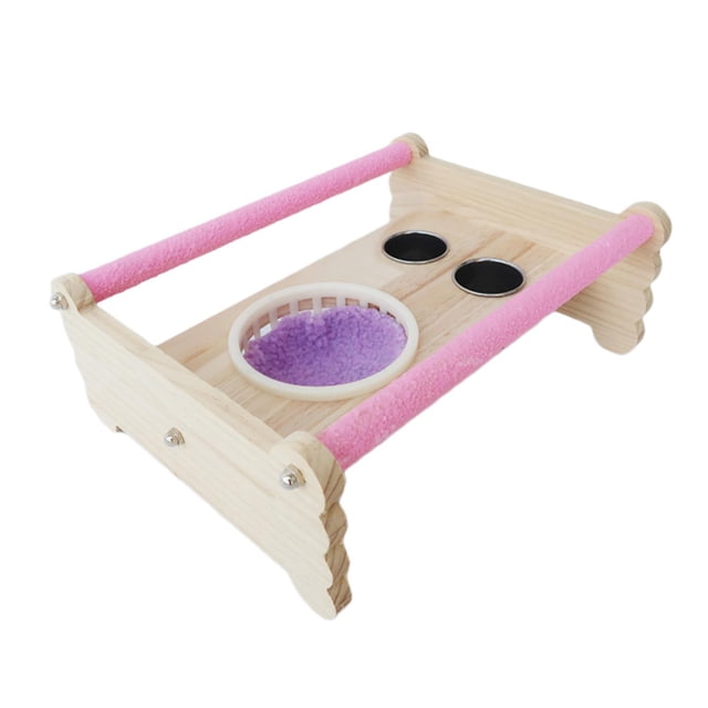 Soporte de percha para loros, de madera para pájaros con cuenco de agua para comida, taza de alimentación para jaula de pájaros Rosado jinwen Soporte para percha de loro